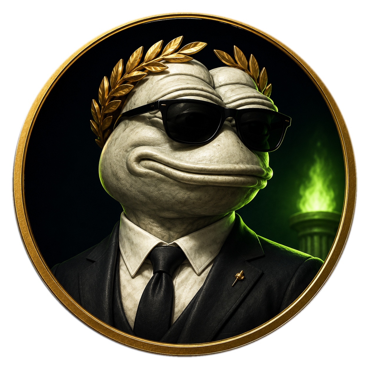 PEPE BONER wearing a black suit and sunglasses inside a gold frame